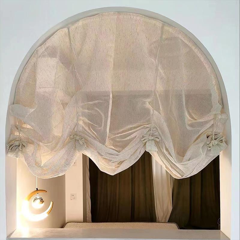 日式亚麻提拉帘弧形拱形门帘覆古罗马帘魔术贴半帘系带升降帘隔断