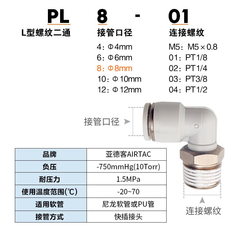 亚德客气动气管快速接头L型直角弯头PL8/4/6/10-M5/01/02螺纹弯通