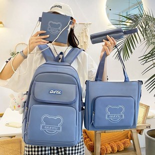2025新款 简约大容量帆布双肩包 开学季 小学生书包补课袋四件套韩版