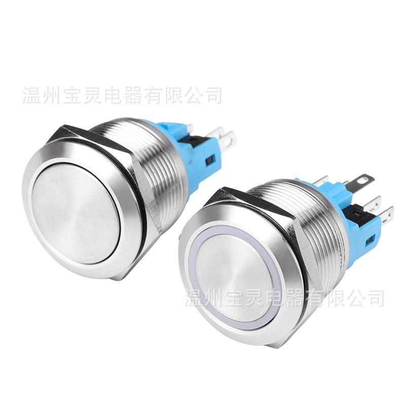 供应25mm带灯10A点动自复位自锁6脚不锈钢12V24V220金属按钮开关