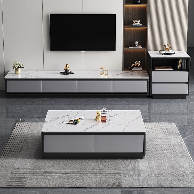 岩板茶几电视柜组合轻奢家用现代简约小户型客厅意式实木地台墙柜