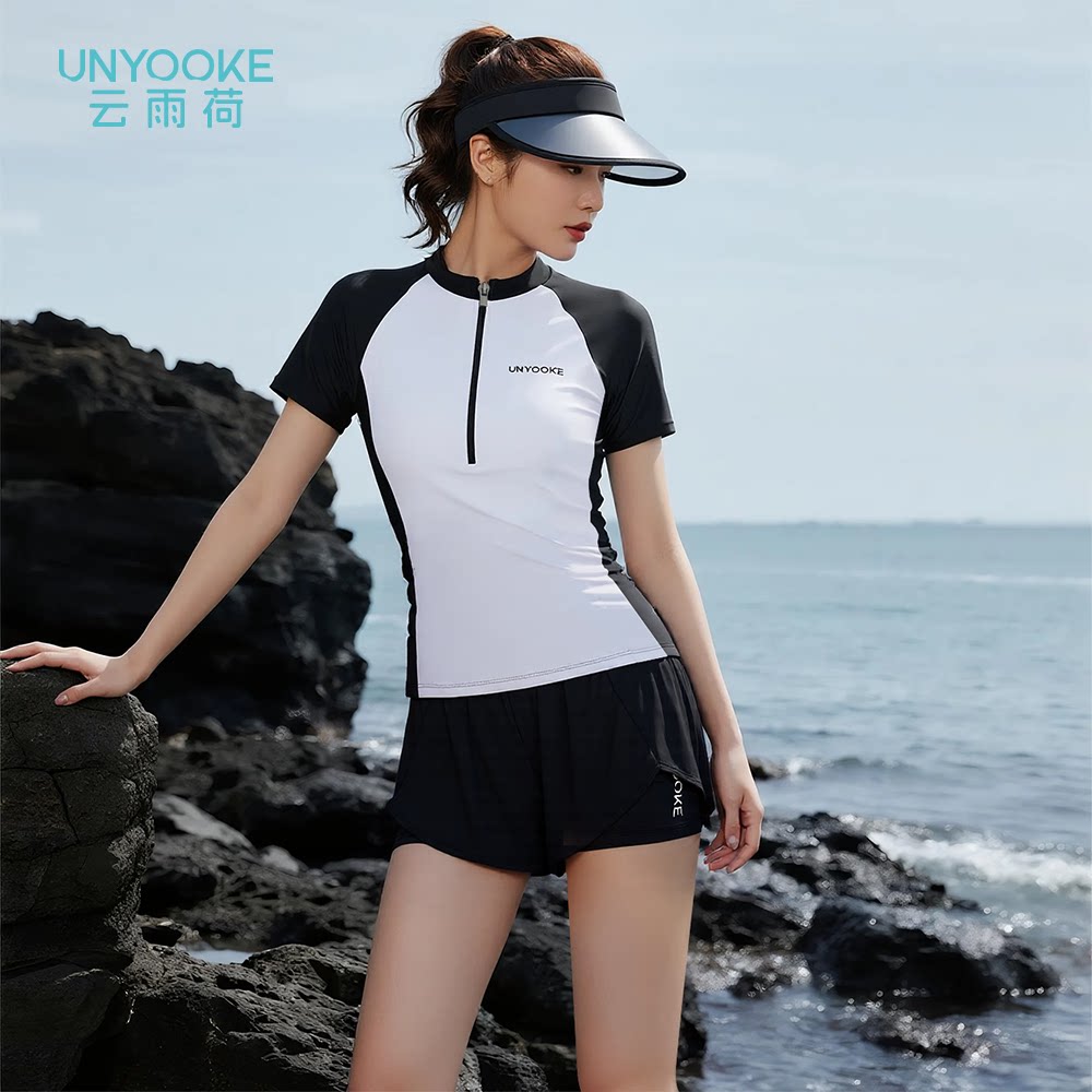 泳衣女款分体两件套短袖运动保守韩版拼色显瘦遮肉2026新款游泳衣