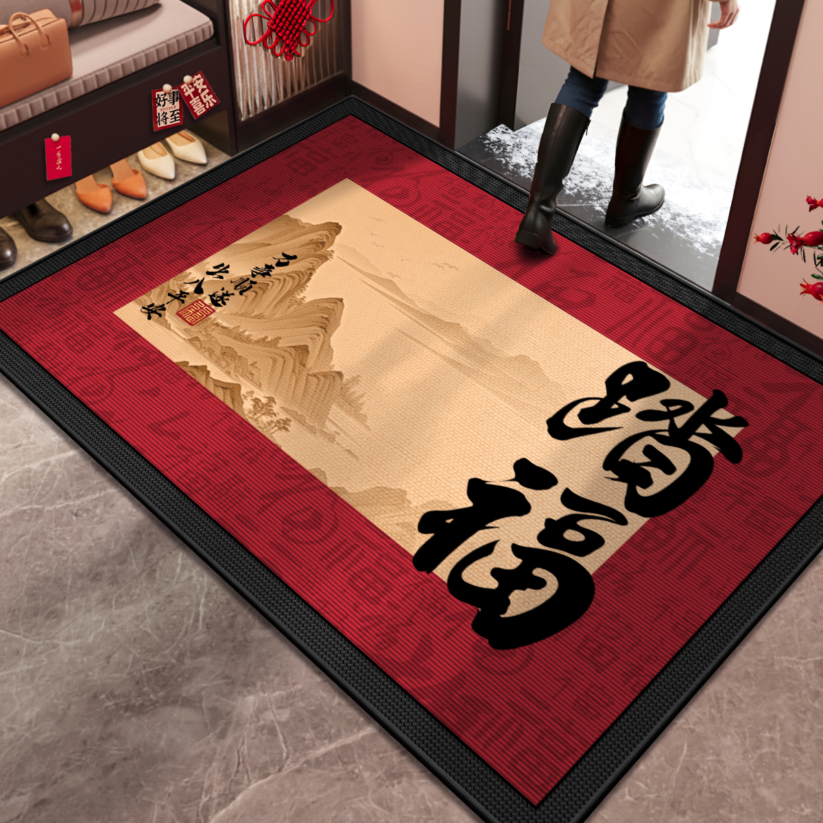 新中式入户门地垫新年红色脚垫
