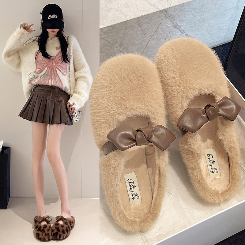 蝴蝶结包头毛毛拖鞋女秋冬圆头爱半拖鞋加绒软底包拖鞋其他拖鞋