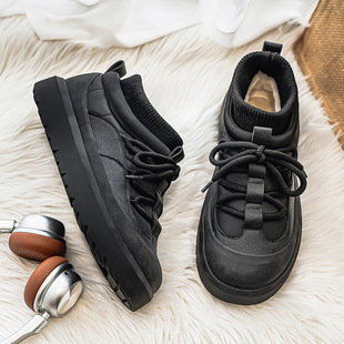 情侣款棉鞋低帮雪地靴加厚加绒系带男女黑白基础靴带鞋雪地靴纯纯