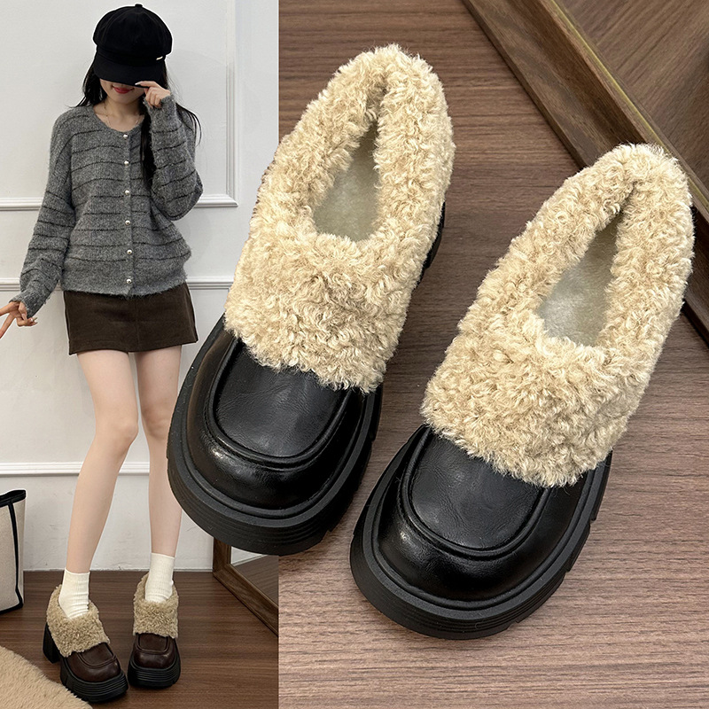 厚底增高加绒毛毛乐福女鞋