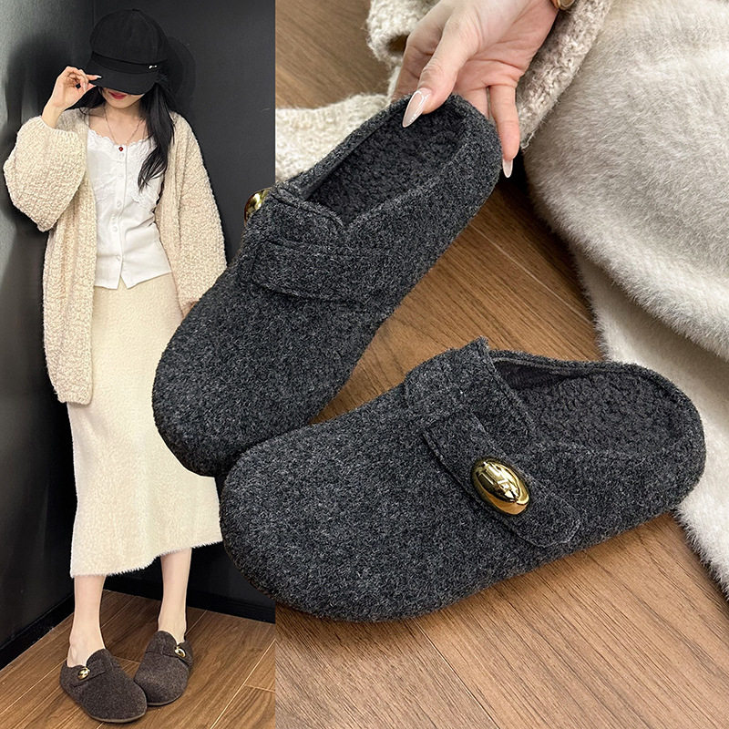保暖加绒内增高毛呢鞋冬季厚底小金豆丑萌博肯鞋其他包女拖拖鞋