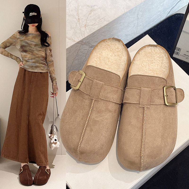 厚底加绒包头半拖鞋女外穿棉拖包一脚蹬保暖棉拖鞋拖鞋其他拖鞋