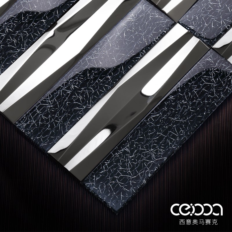 现代轻奢黑色长条金属玻璃马赛克瓷砖玄关餐厅酒吧U立体艺术背景