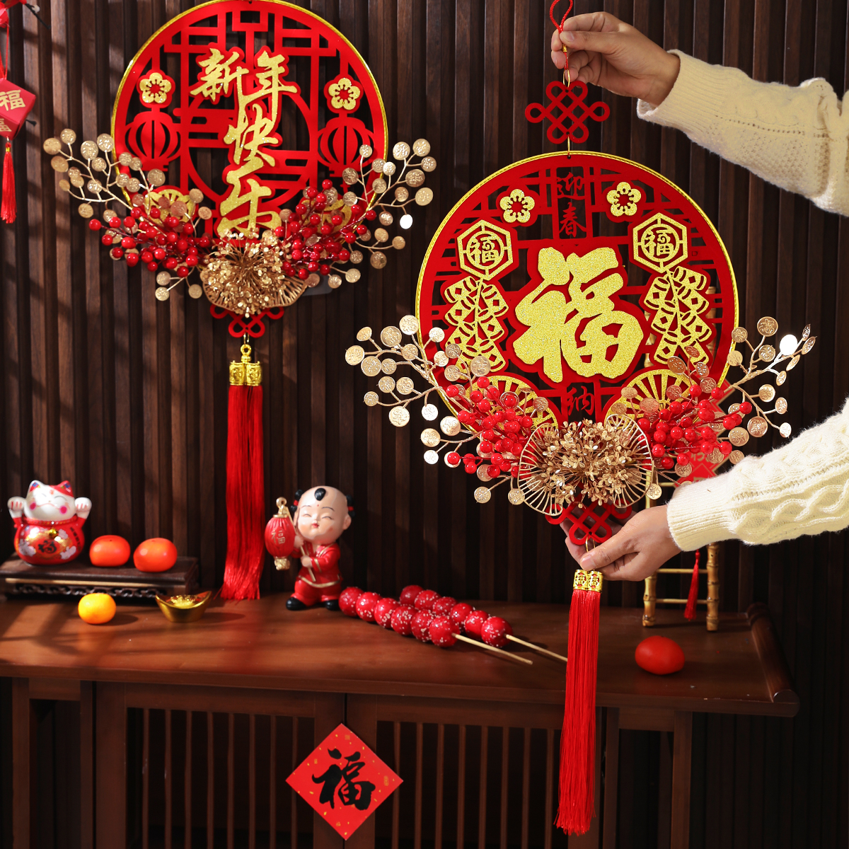 2023a兔年春节元旦装饰品创意福字红果花环挂件中国结玄关客厅门