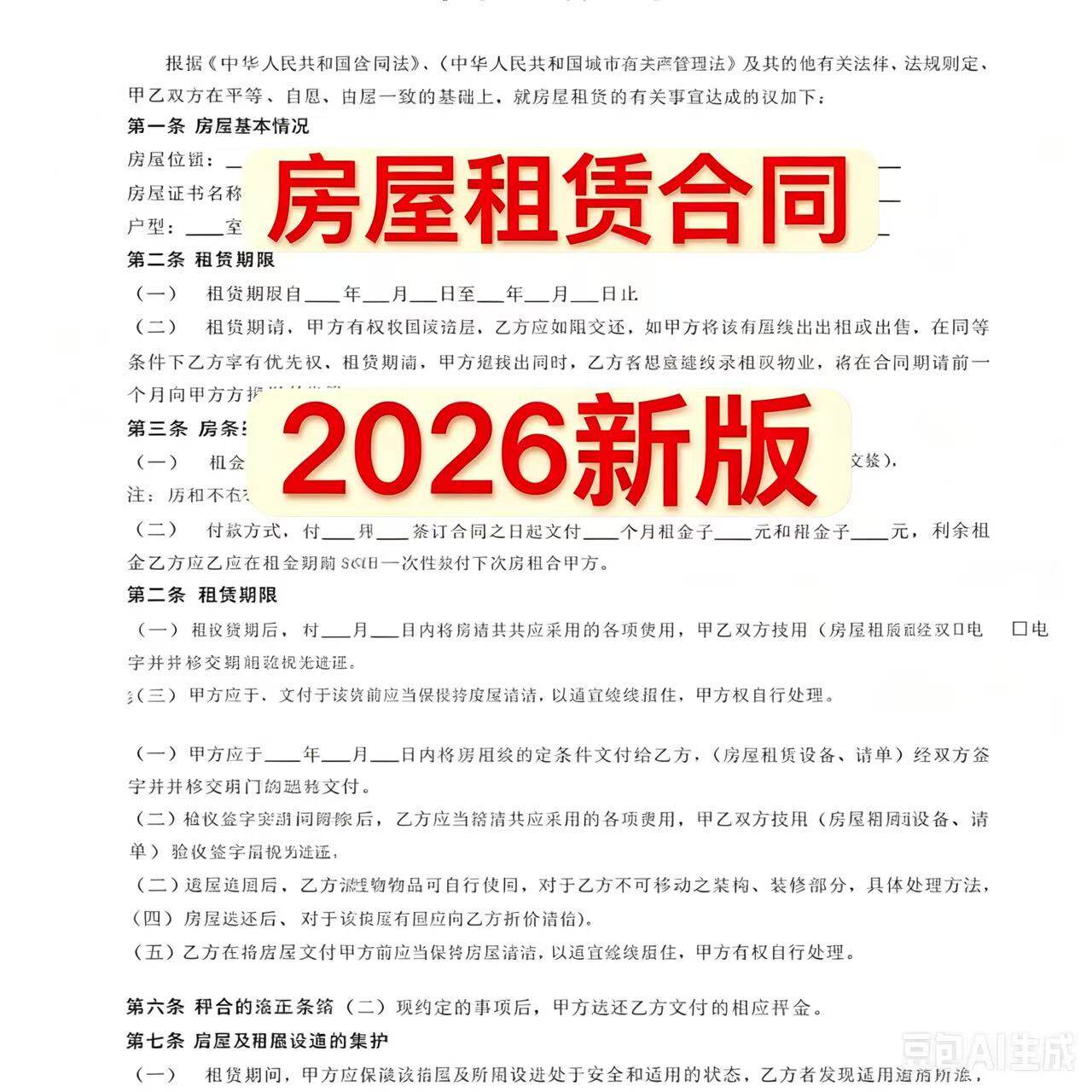 2026年房屋租赁合同电子模板个人住房商业出租房合同Word可编辑