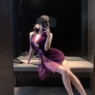 新款紫色韵味高开叉旗袍性感睡衣女丝绒高级感吊带睡裙纯欲风战袍