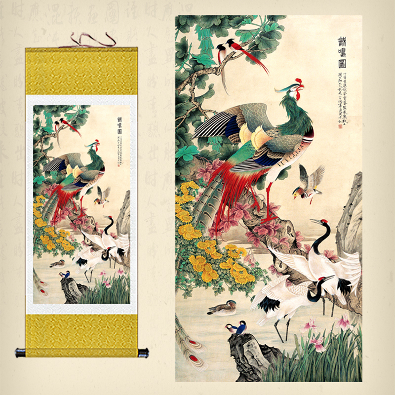 孔雀开屏卷轴画鸡鸣图丝绸画客厅卧室装饰挂画花鸟画送友礼品包邮图片
