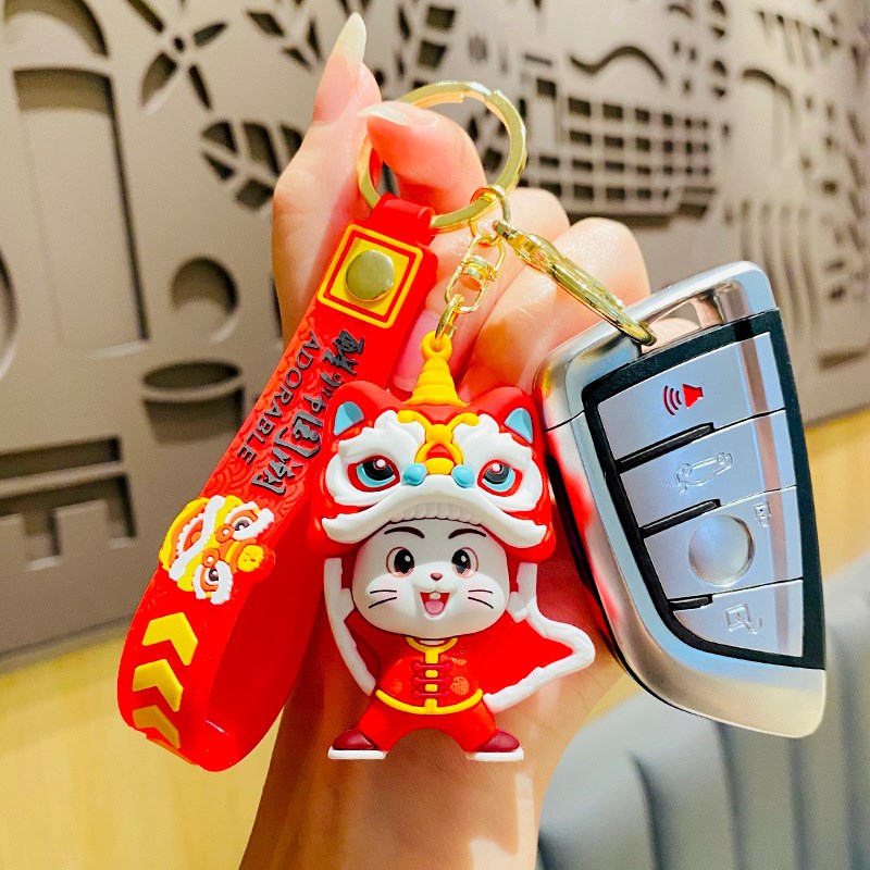 春节新年舞狮头钥匙扣中国风醒狮汽车钥匙链包包挂件创意小礼品物