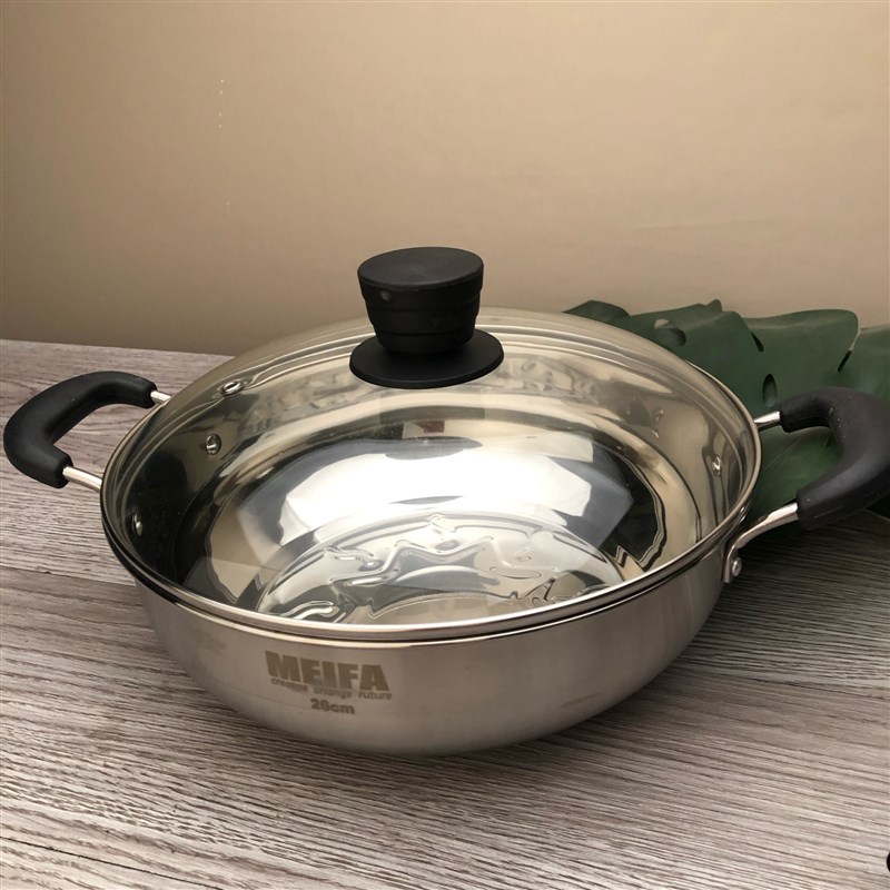 26/28/30cm双耳汤锅电磁炉加厚优质不锈钢锅钢化玻璃盖火锅平底锅