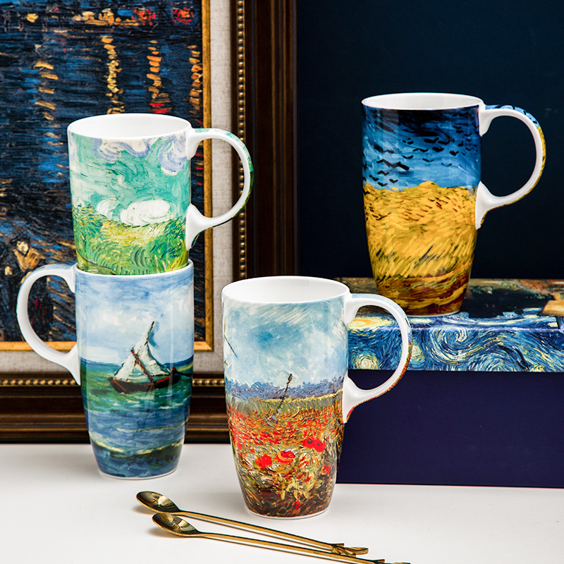 梵高油画骨瓷马克杯带盖勺大容量陶瓷杯夏季北欧风办公室水杯礼盒