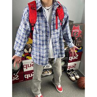 扎染格子衬衫男春秋美式高级感痞帅高街外套潮牌宽松百搭长袖衬衣