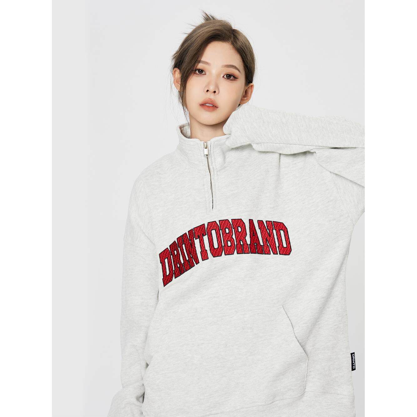 DRINTO刺绣半拉链套头立领卫衣毛线衣外套春秋男女情侣垂感潮牌