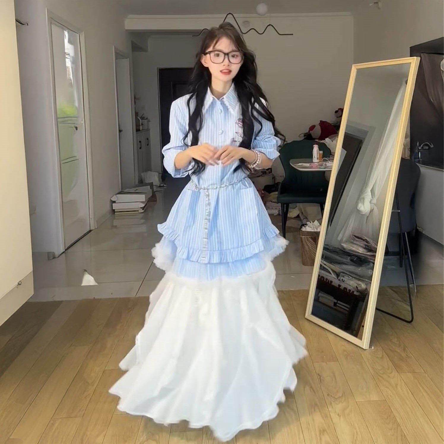 韩系学院风蕾丝拼接条纹翻领衬衫连衣裙女搭配白色半身裙两件套装