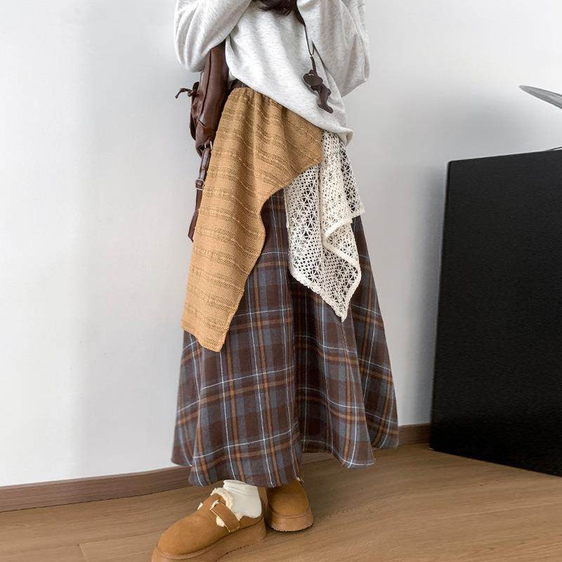 设计感不规则蕾丝拼接格子半身裙女秋冬小众A字伞裙显瘦中长款裙,女装/女士精品,半身裙,淘宝优惠券,粉丝福利购,淘宝优惠卷