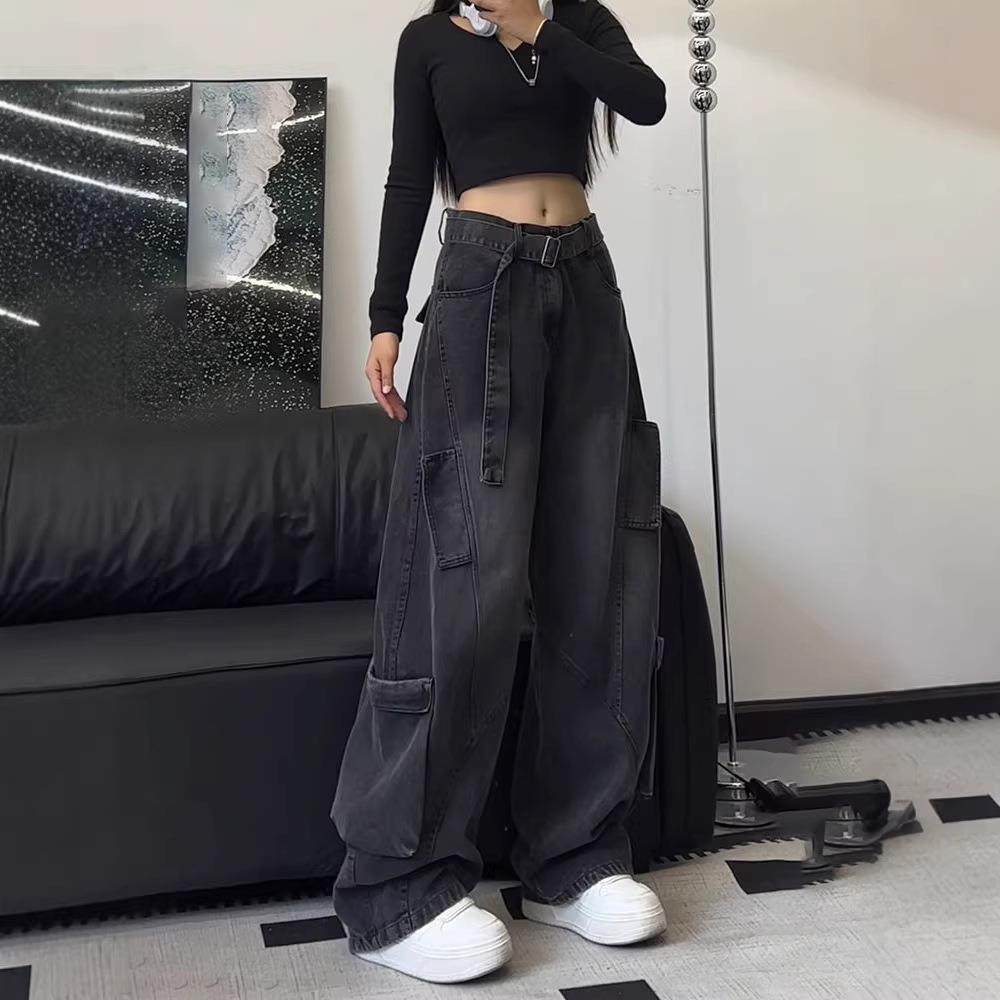 黑色多口袋牛仔裤男款秋季飘带设计感高腰裤子直筒阔腿加长工装裤