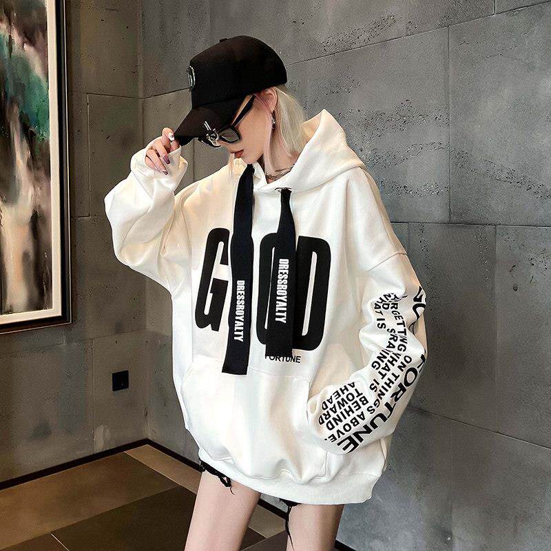 卫衣女春秋款设计感小众潮牌外套连帽小个子薄款白色中长款上衣女