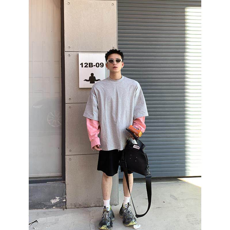 PLTH*假两件撞色拼接圆领长袖T恤男女秋季宽松休闲 套头韩版厚棉T