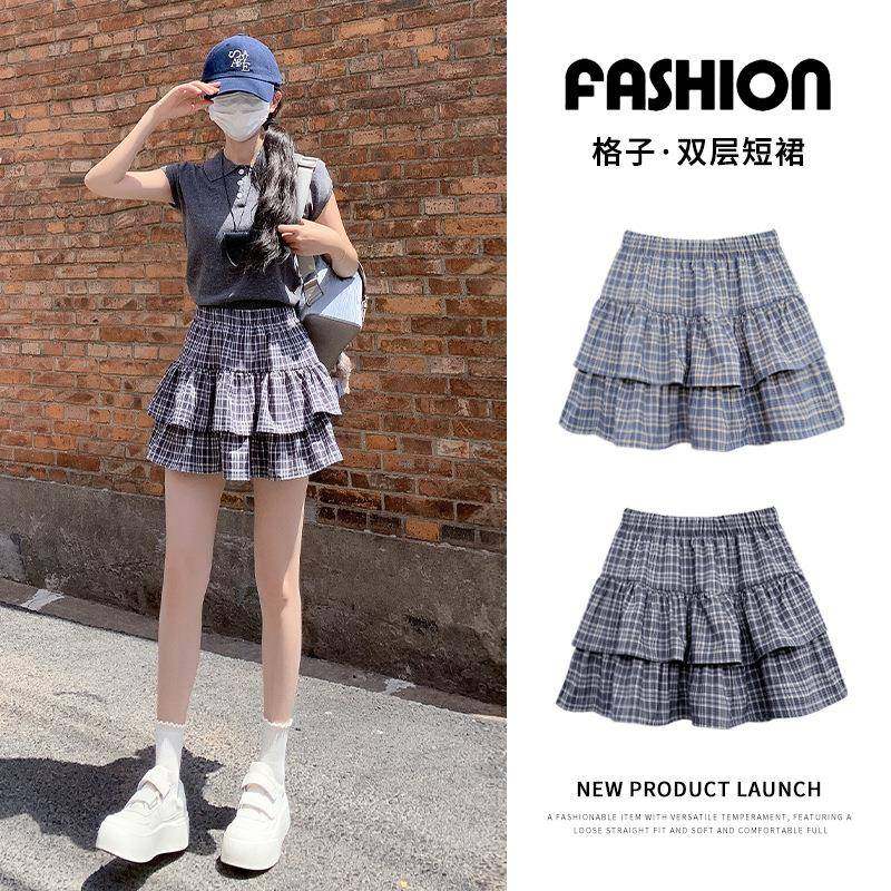 韩系撞色格纹蛋糕短裙女夏季高腰A字显瘦百搭防走光蓬蓬半身短裙,女装/女士精品,半身裙,淘宝优惠券,粉丝福利购,淘宝优惠卷