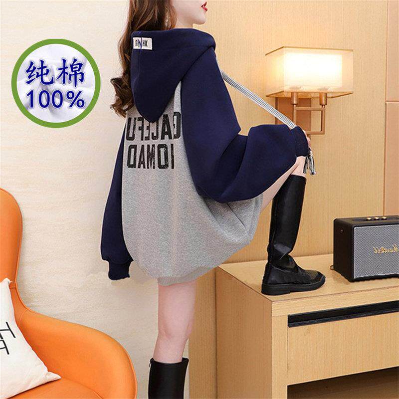纯棉遮屁股上衣初高中大学生连帽卫衣女春秋冬中长新爆薄款加绒厚
