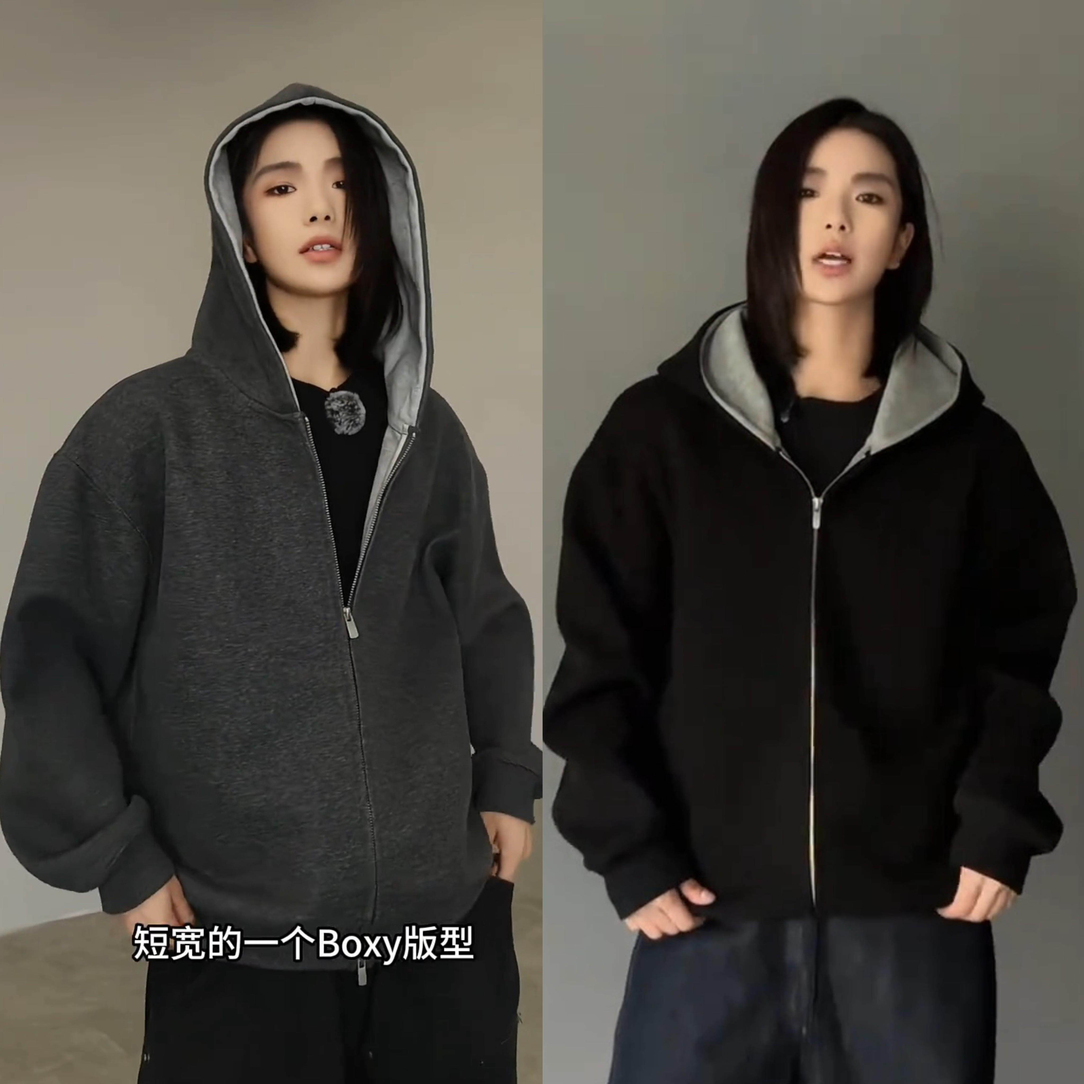 春秋新款重磅拼色连帽开衫卫衣男高级感简约时尚宽松百搭休闲外套