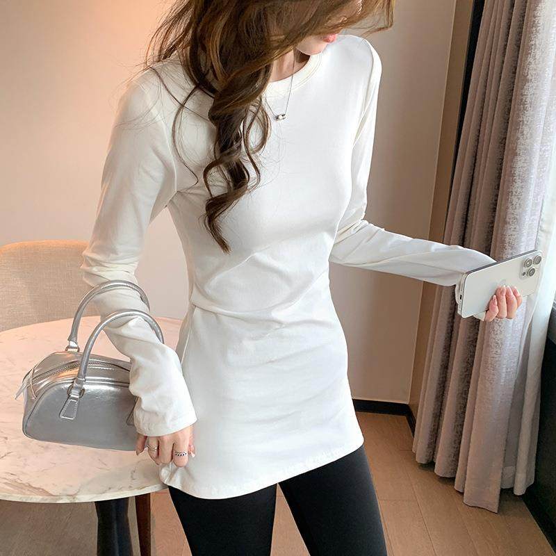 棉正肩长袖T恤女士秋冬季内搭中长款打底衫辣妹外穿修身上衣,女装/女士精品,蕾丝衫/雪纺衫,淘宝优惠券,粉丝福利购,淘宝优惠卷