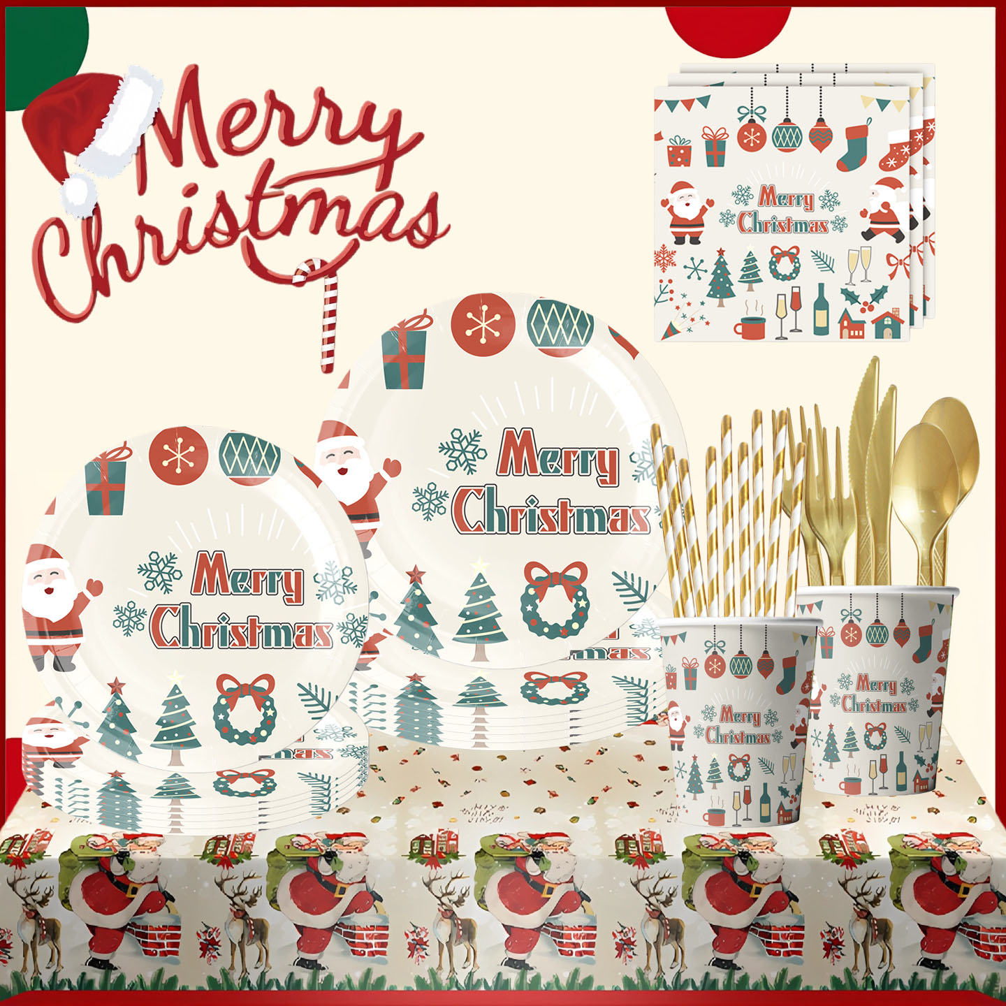 新款圣诞节主题一次性餐具派对用品圣诞老人蛋糕装饰纸盘纸杯桌布