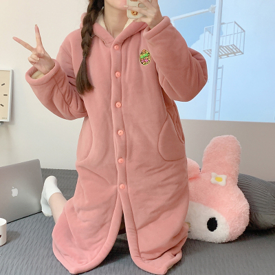 连帽睡袍冬款女加绒加厚夹棉2022年新款冬季孕妇可外穿睡衣网红风