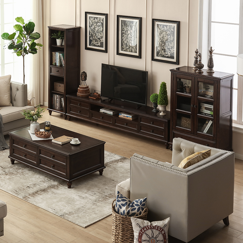 美式实木电视柜乡村复古电视柜茶几组合客厅简约影视柜储物柜家具