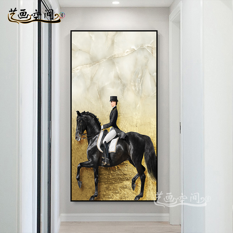玄关装饰画竖版大气轻奢马壁画样板房橙色挂画英伦风骑马骑士马术图片