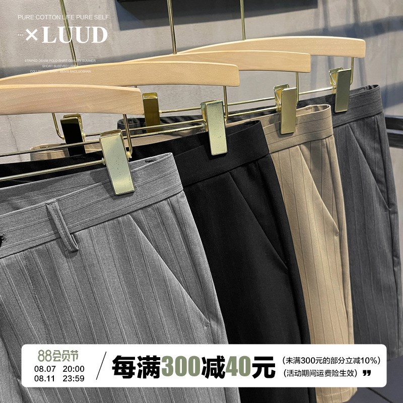 LUUD 竖条纹休闲西裤夏季透气免烫复古韩版百搭直筒修身短裤男款