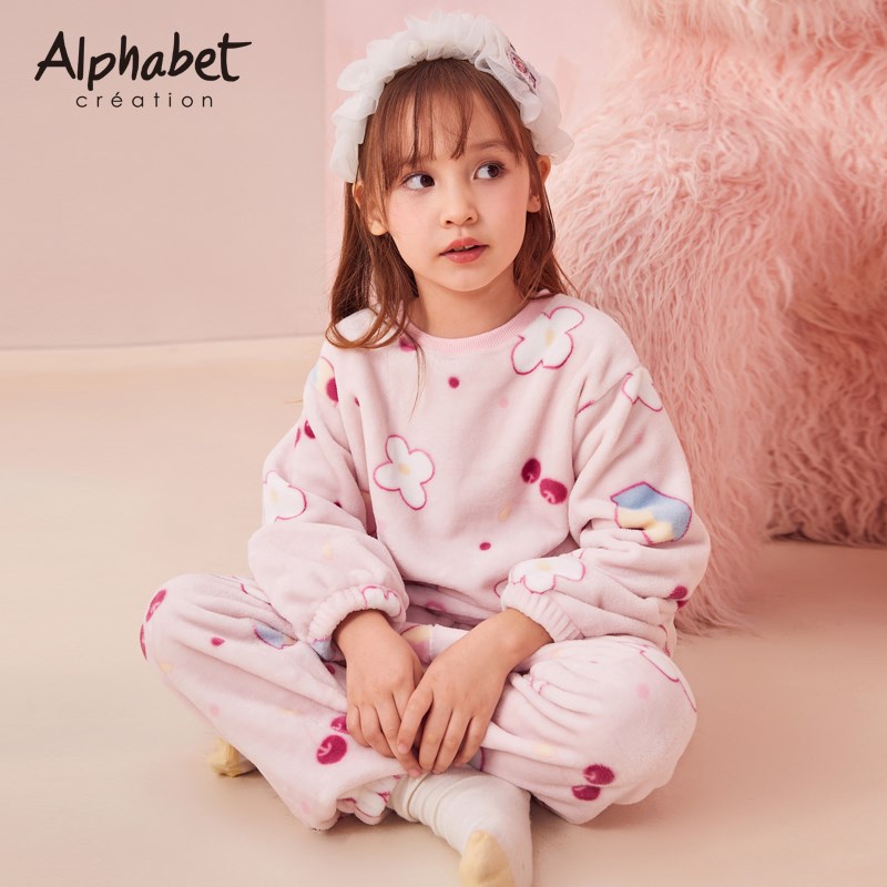 爱法贝童装2023冬装新款女童家居服中大童儿童珊瑚绒加厚睡衣