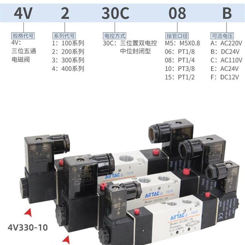 亚德客三位五通电磁4V130C/230C/330C/430C-M5/06/08/10/15气