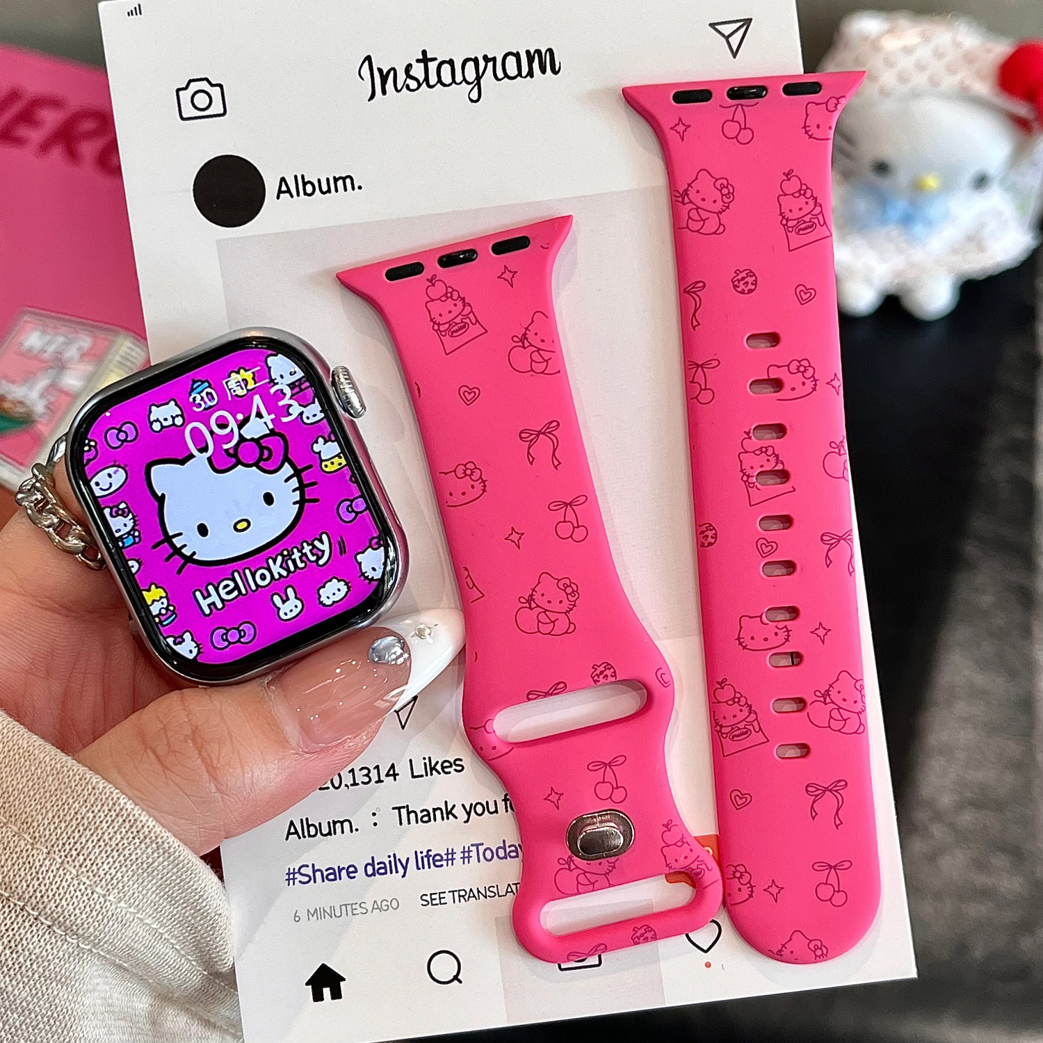 Kitty猫适用苹果手表表带iwatchS11/10/9硅胶Apple玫红2ultra/SE