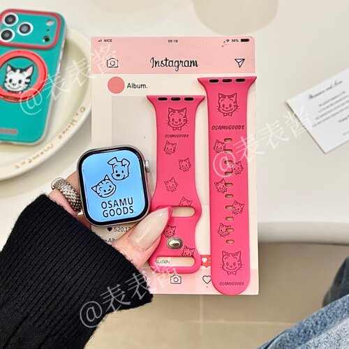 原田治猫猫玫红色适用iwatchs11/10苹果手表表带硅胶Applewatchs9