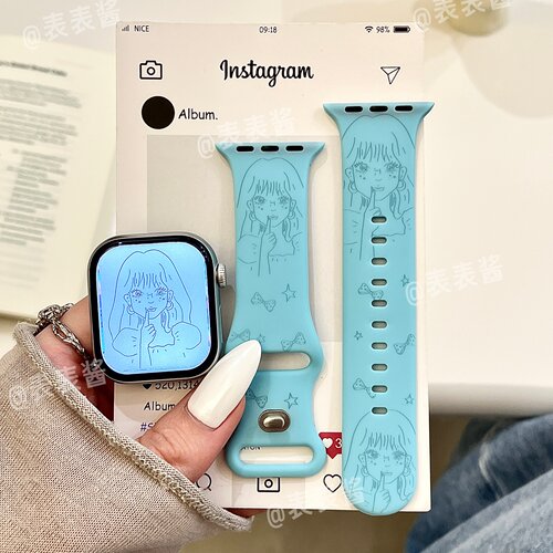 漫画女孩适用iwatchs12/11卡通10苹果硅胶SE表带Applewatch9/8/7
