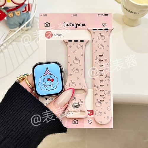 粉色音符猫咪线条适用iwatchs11/10苹果手表表带硅胶Applewatchs9