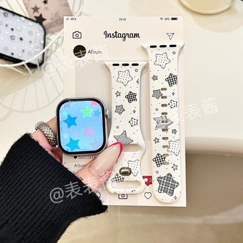 白色格纹星星适用iwatchs11/10苹果手表表带SE硅胶Applewatchs9/8