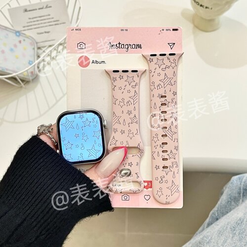 粉色音符星星适用iwatchs11/10苹果手表表带SE硅胶Applewatchs9/8