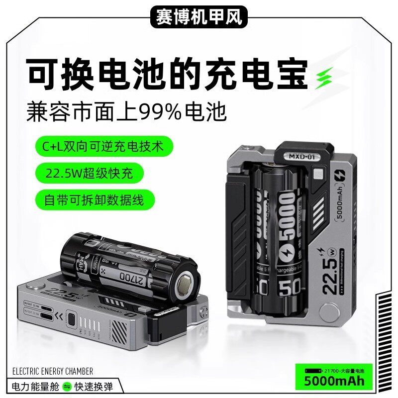 国家3C认证 赛博机甲风充电宝22.5W快充可换电池电力能量舱便携通用型电池C+L双向快充男生科技礼物