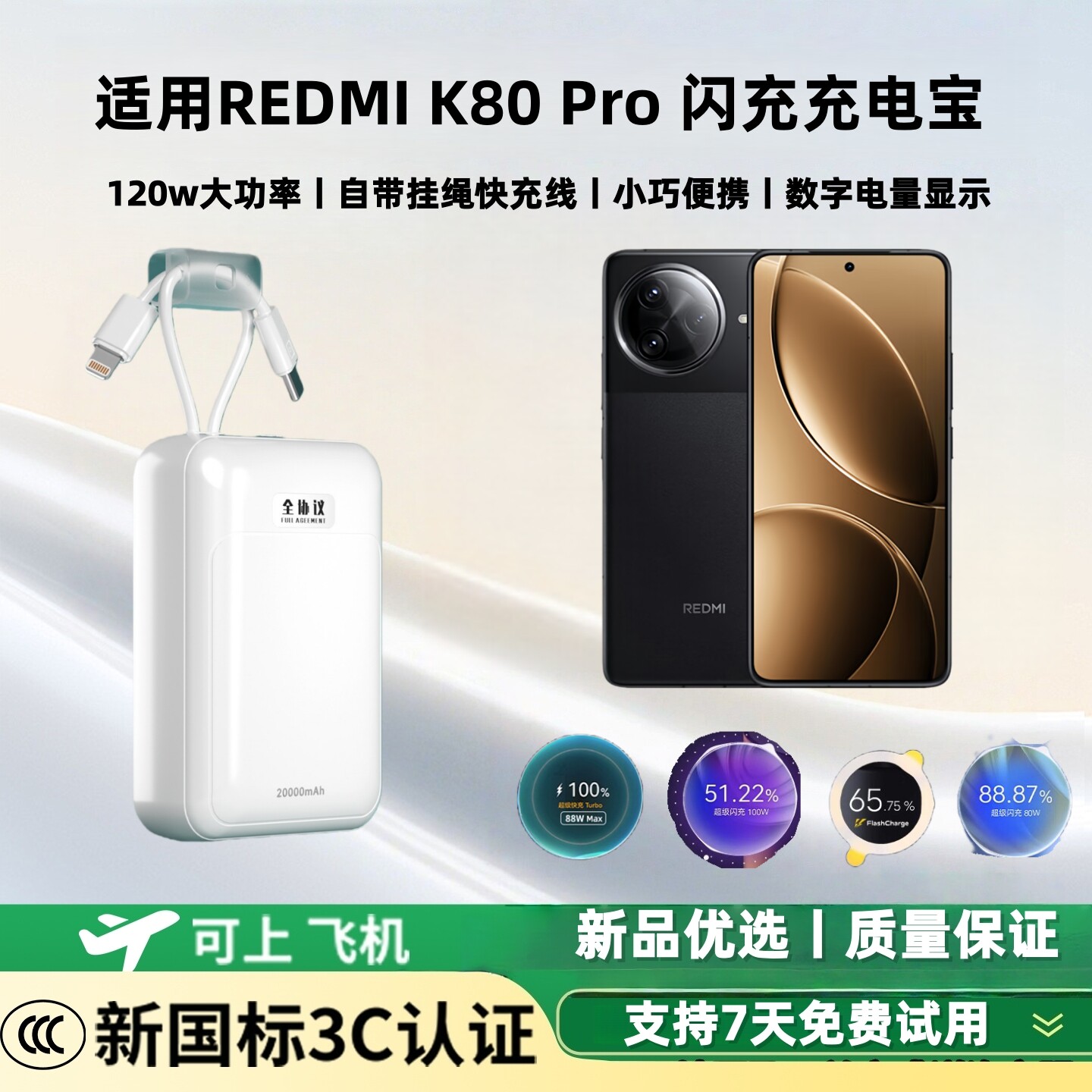 【新国标3c认证 可上飞机】适用小米k80pro闪充充电宝120w/100w/80w超级双向快充大容量20000毫安移动电源