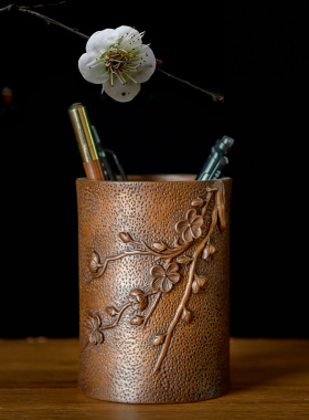 紫铜笔筒桌面摆件办公室书t房用品教师学生领导商务送礼红铜工艺