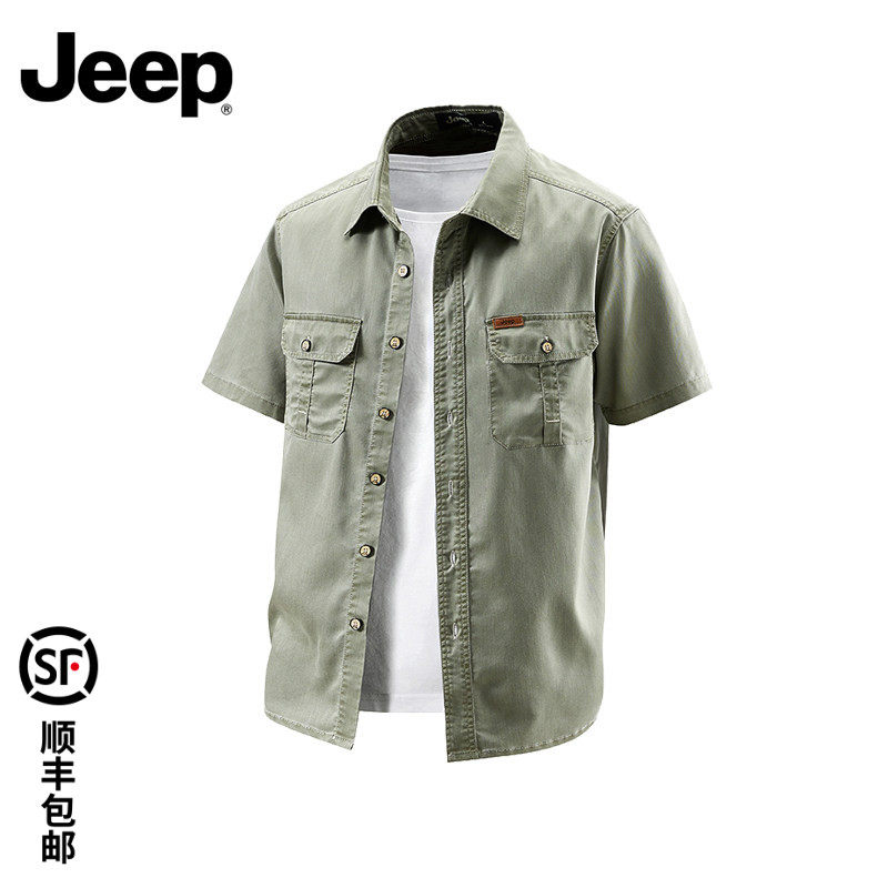 JEEP/吉普短袖衬衫男水洗工装夏季薄款潮流半袖衬衣多口袋