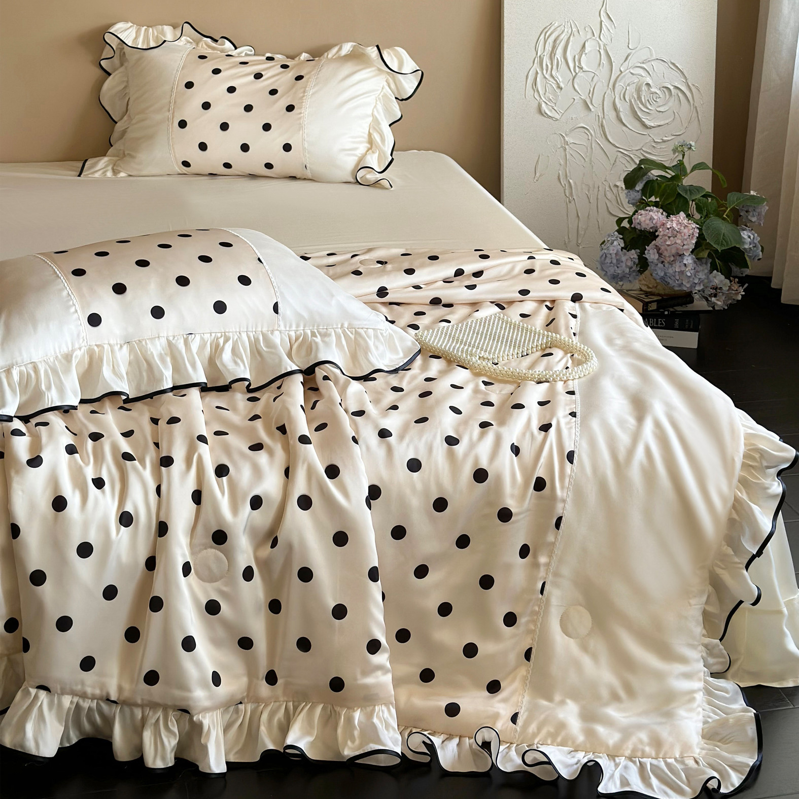 夏日假期法式少女波点天丝裸睡A夏凉被四件套凉感空调薄被子可