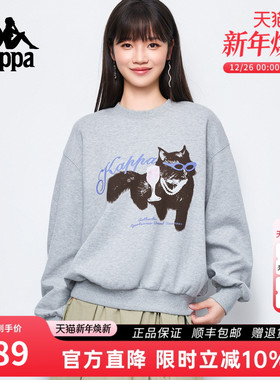 Kappa卡帕 灰色圆领猫咪印花厚卫衣女秋冬新款长袖套头衫休闲上衣
